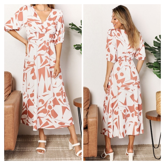 Printed V-Neck Surplice Balloon Sleeve Dress - Picture 1 of 8